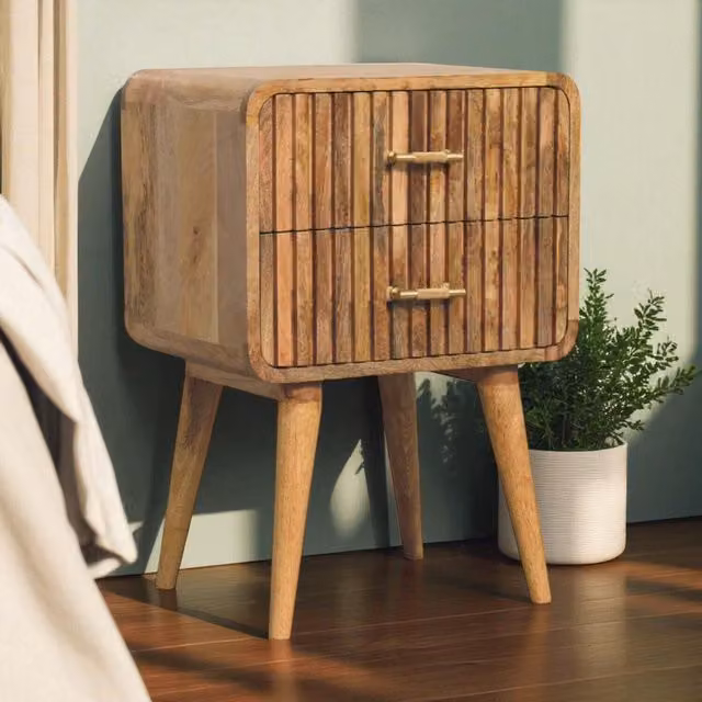 Artisan Furniture Solid Mango Wood T-bar Ridged Bedside Table in Brown