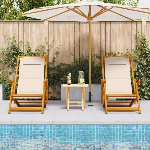 Berkfield Home Set of 2 Folding Beach Chairs in Beige Acacia Wood and Textilene – 1