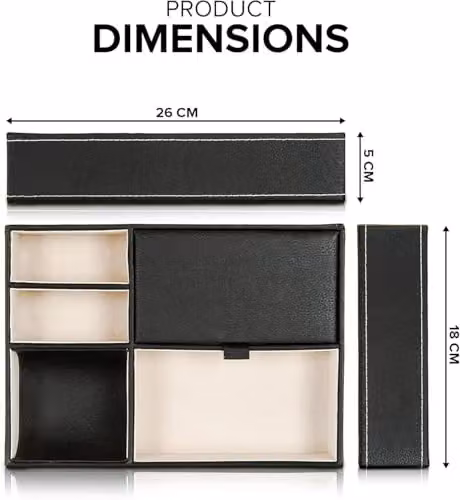 LIVIVO Deluxe 5 Compartment Valet Organiser Tray in Black Textured Faux Leather with Suede Lining and Hinged Lid – 8