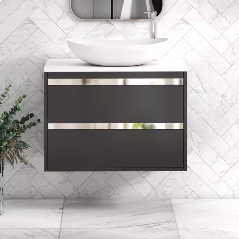 Royal Bathrooms Orion 800mm Wall Hung Vanity Unit with Cesar Basin and 2 Drawers in Matt Obsidian Black and Plain White with Chrome Accent Trim