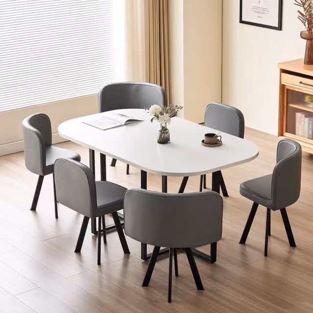 Comfy Living Modern Rectangular Dining Table and 6 Chairs Set in White and Grey with Metal Legs