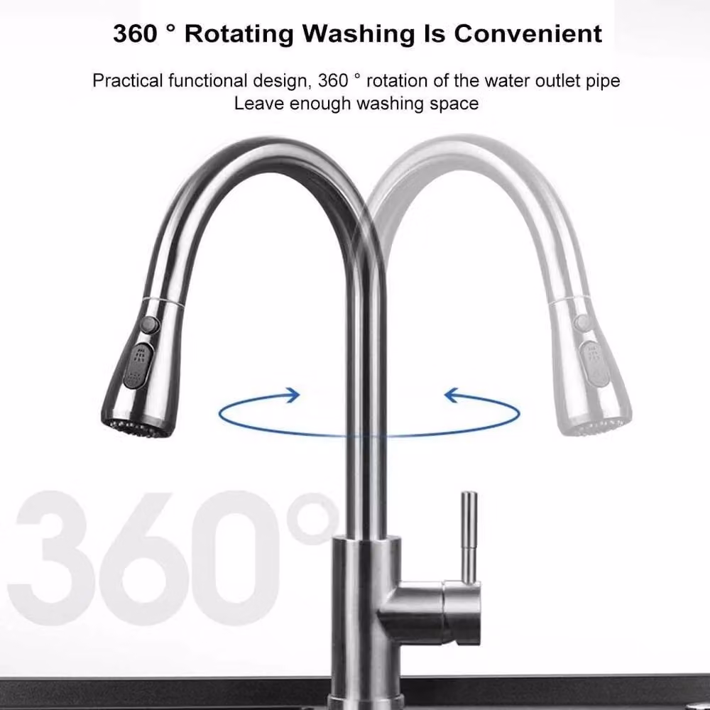 Kelvenix Silver Pull Out Kitchen Tap in Stainless Steel with Spray Function and Swivel Spout – 2