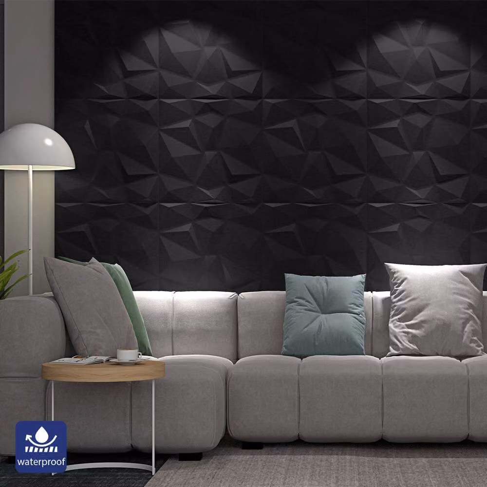 ENER-J 3D Diamond Embossed PU Leather Wall Panels, Black, W 60 cm x H 60 cm x D 2.5 cm, Pack of 4 – 3