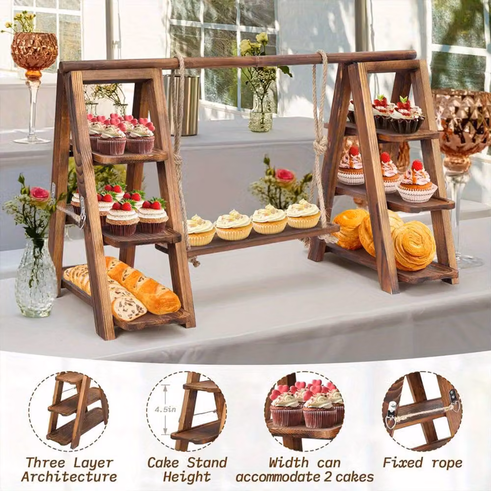 FORGEVIO Natural Wood Dessert Stand and Cupcake Serving Tray in Brown and Beige – 5