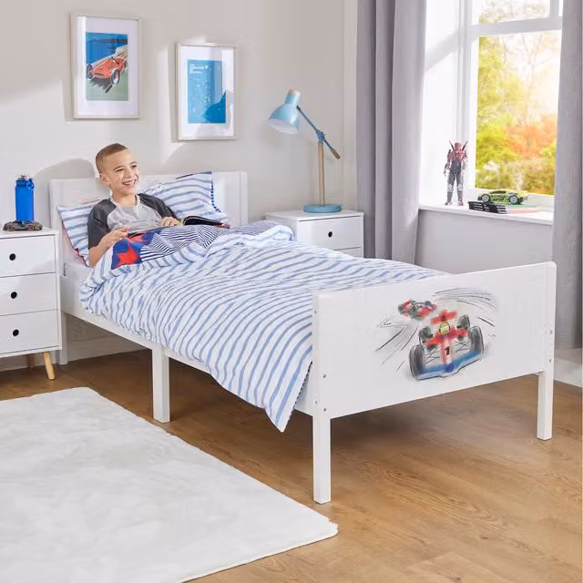Liberty House Toys Kids Single Racing Cars Bed in White, 90 x 190 cm