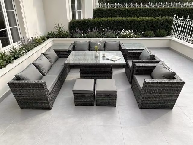 Fimous 9 Seater Outdoor Rattan Garden Furniture Set with Adjustable Lifting Dining Table and Side Table in Grey