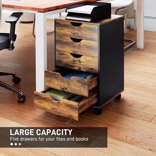 HOMCOM Rolling Vertical Filing Cabinet with Castors in Rustic Brown – 4