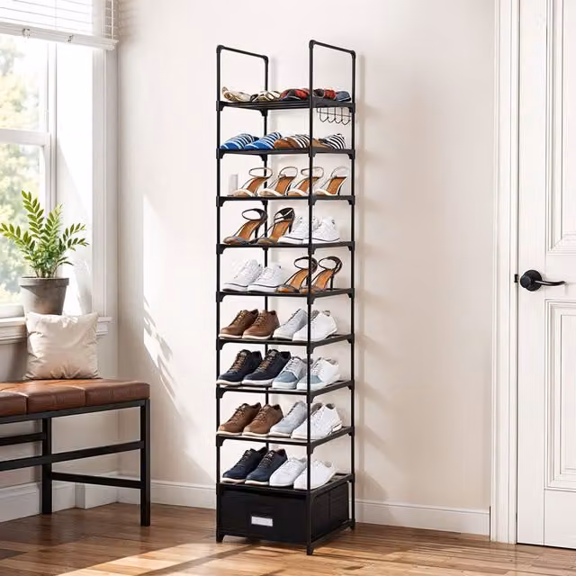 Lifeideas 10-Tier Metal Shoe Rack in Black with Storage Box and Hooks