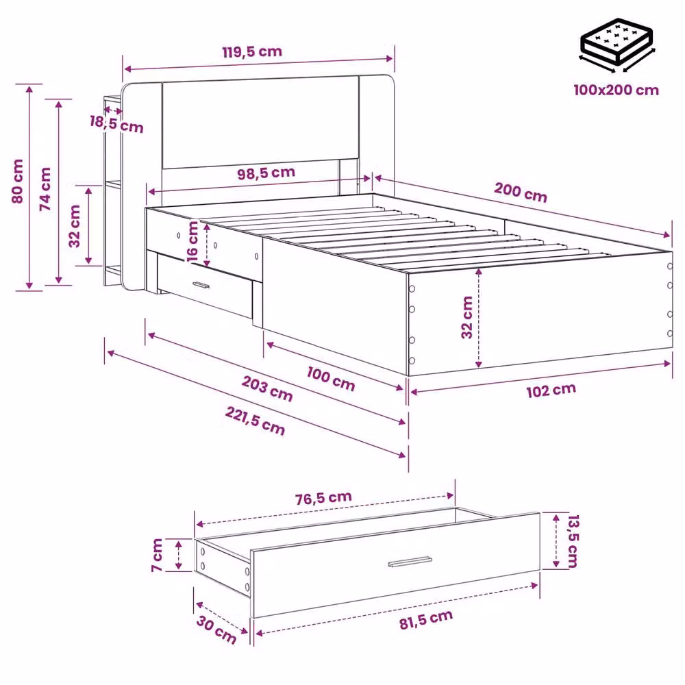 Berkfield Home Modern Bed Frame with Storage Drawers in Smoked Oak Brown, W/D/H: 100 x 200 cm – 4