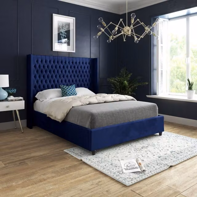 Casani Volta Straight Winged Upholstered Soft Velvet Bed Frame in Blue, W/D/H: 90 x 200 cm
