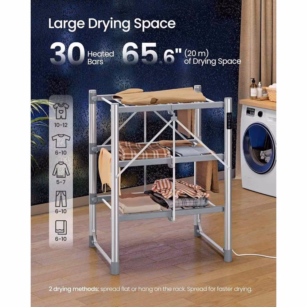 The Bazaarist Heated Clothes Airer Foldable Electric Drying Rack, Silver, W/D/H: 137.5 x 69.0 x 42.1 cm – 3