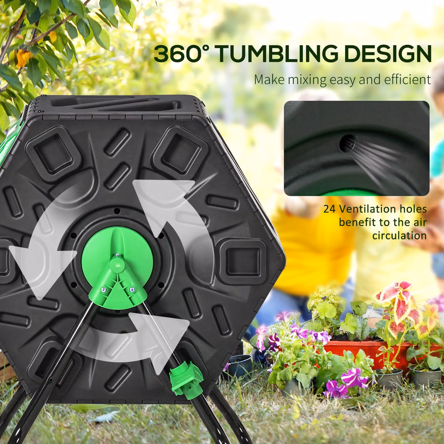 OUTSUNNY 65L Rotating Garden Compost Bin with Steel Legs in Green and Black – 4