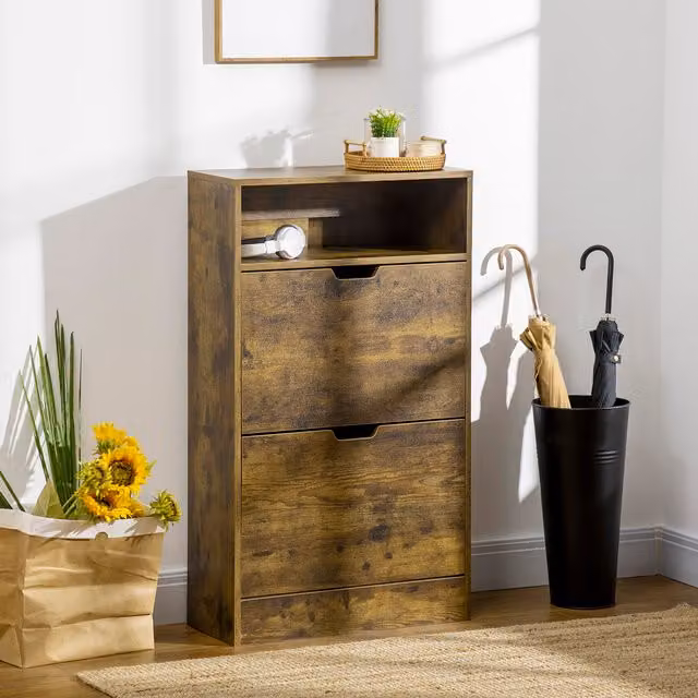 HOMCOM Slim Rustic Brown Shoe Cabinet with 2 Tilting Flip Doors and Adjustable Internal Shelves