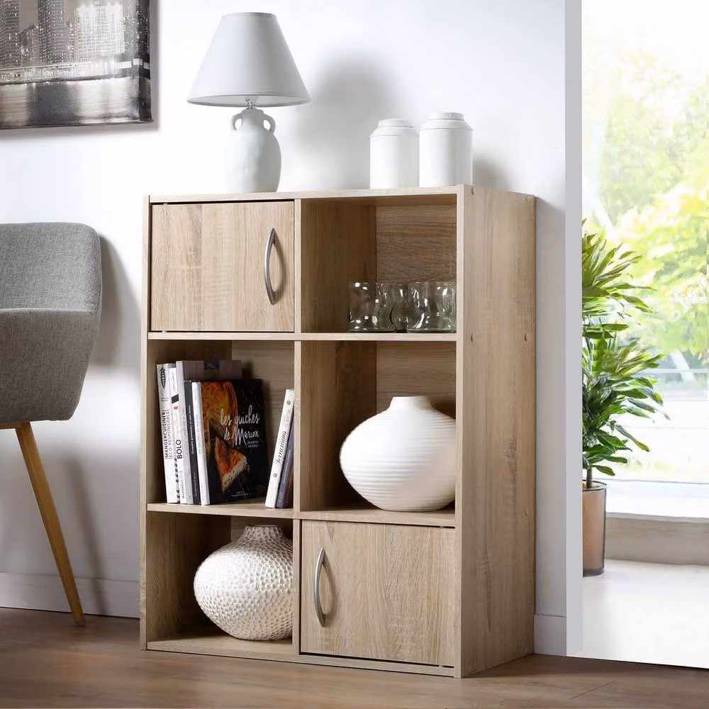 CALICOSY 6-Compartment Storage Shelf with 2 Doors in Light Brown, W/D/H: 61.5 x 29.5 x 80 cm – 5