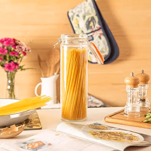 Argon Tableware Set of 6 Transparent Glass Spaghetti Jars with Airtight Metal Clip Lids, 2L Each – 2