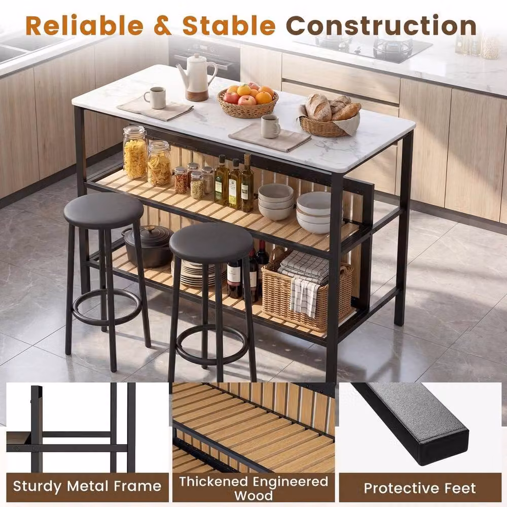SPETLEK Modern White Kitchen Island and Bar Stool Set with Marble Effect Table and 2 Stools – 5
