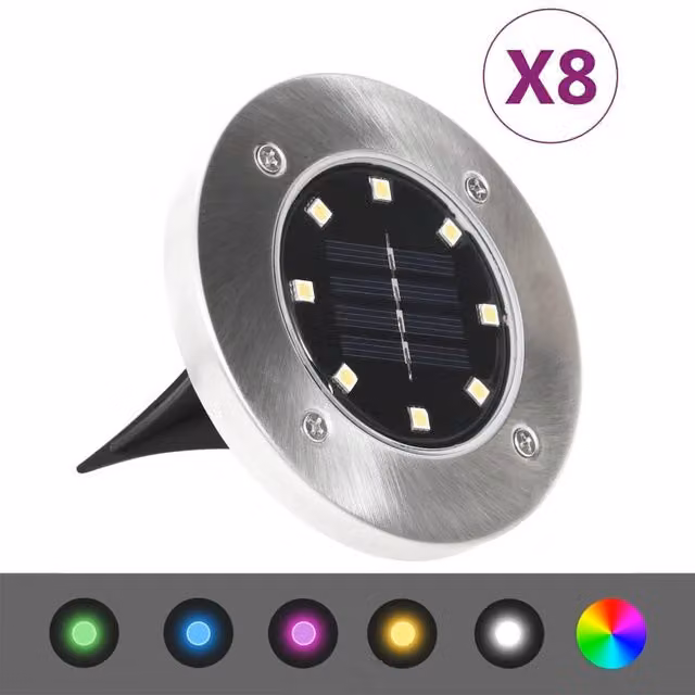 Berkfield Home Solar LED Ground Lights, 8 Piece RGB Multicolour Set in Silver – 1