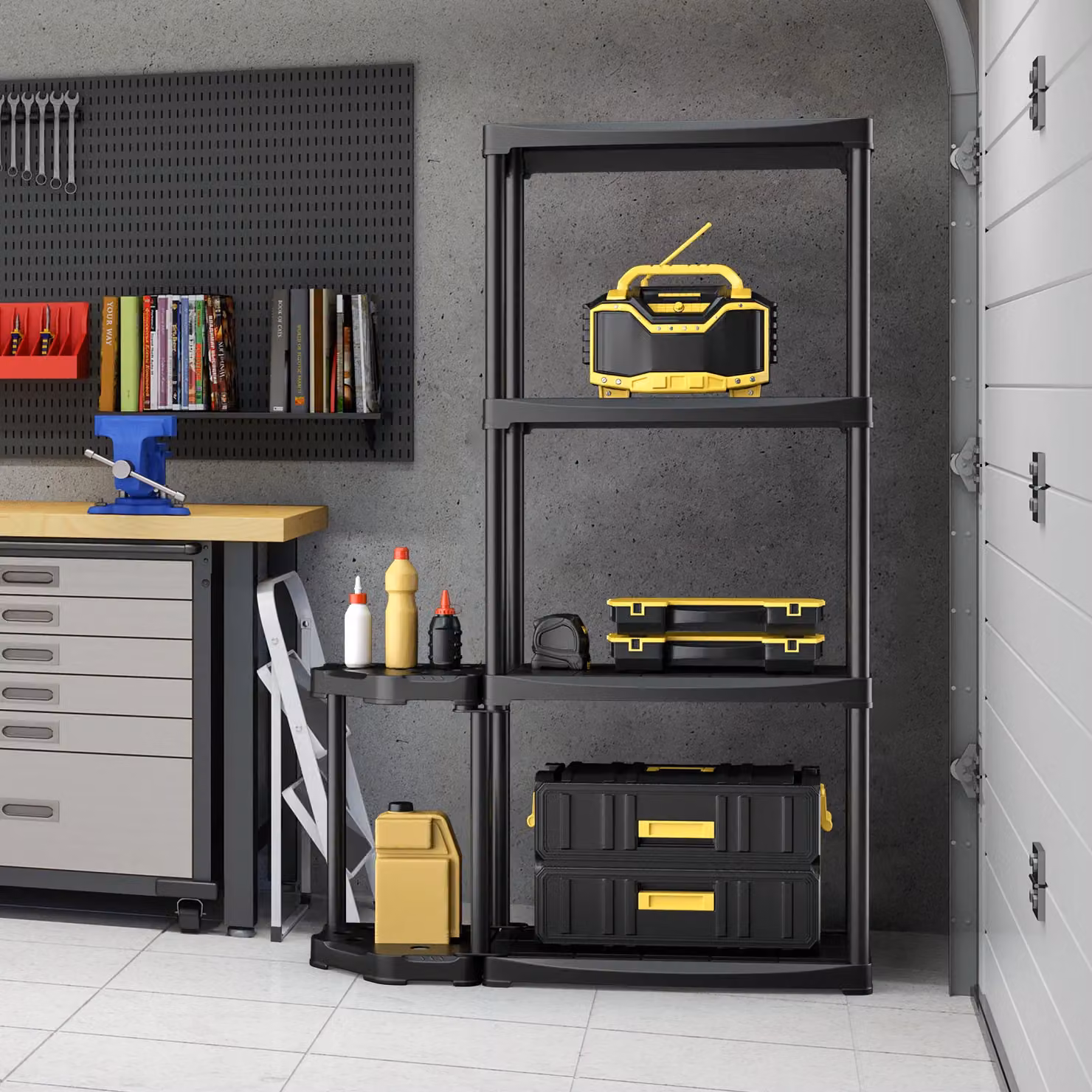 Gymax 4-Tier Black Garage Shelving Unit and Freestanding Tool Rack with 11-Hole Sided Holder – 3