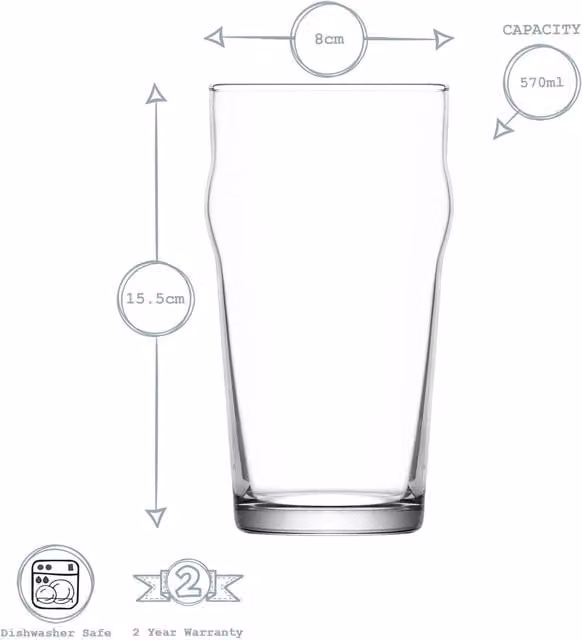 LAV Noniq Transparent Pint Beer Glasses, 570ml, Pack of 12