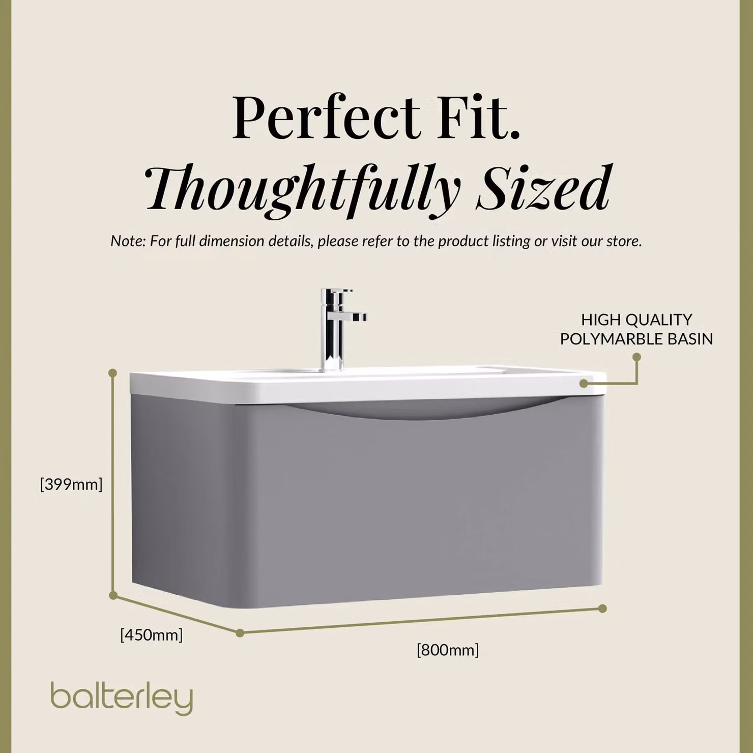 Balterley Wall Hung 1 Drawer Bathroom Vanity Unit and Basin, Satin Grey, Width: 75.5 cm – 3