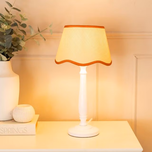 ValueLights Victoria White Wood Candlestick Table Lamp with Burnt Orange Linen Scallop Trim Tapered Shade