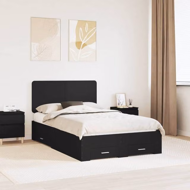 Berkfield Home Modern Black Bed Frame with Headboard and Drawers, W: 135 cm, L: 190 cm, Engineered Wood