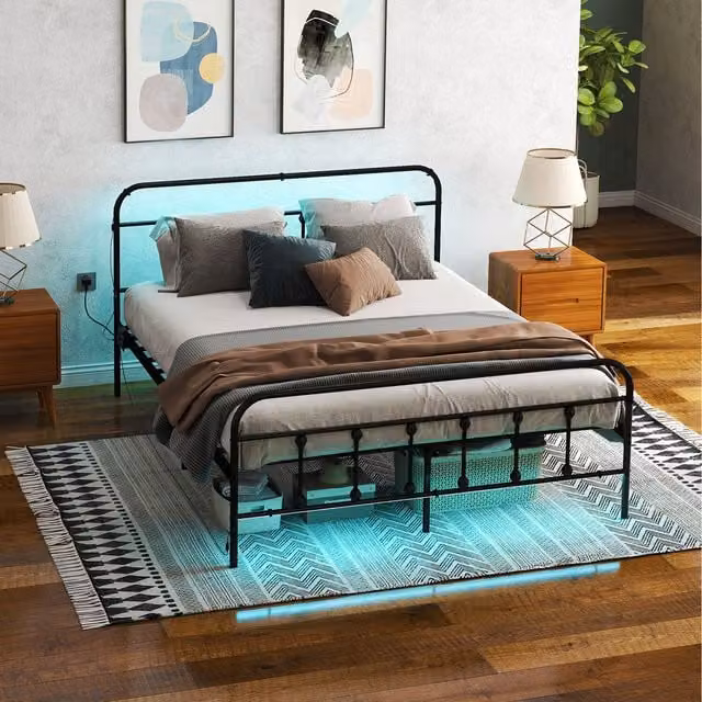 HOMCOM Metal Platform Bed Frame with Storage Drawers and Under-Bed Lighting, Black, W/D/H: 90 x 190 cm