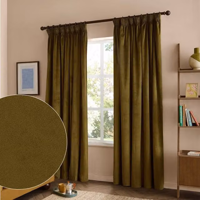 Furn Olive Green Velvet 100% Blackout Pencil Pleat Curtain Pair, Width: 117 cm, Drop: 183 cm