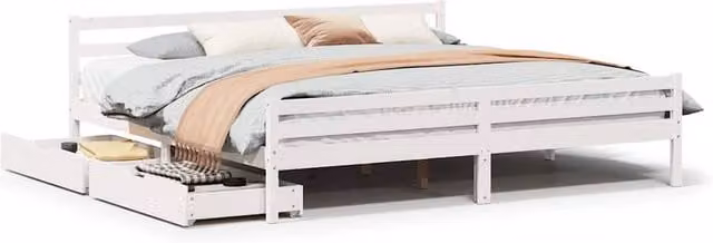Berkfield Home White Solid Wood Pine Bed Frame with Drawers 200 x 200 cm