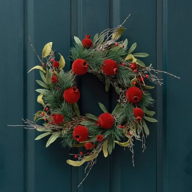 Scottish Everlastings Ltd Red and Green Pomegranate Wreath with Leaves and Flowers, Diameter: 45 cm – 1