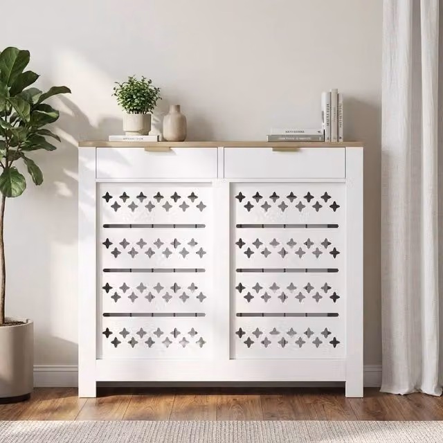 STILVORA White Matt MDF Radiator Cover with 2 Flip-Down Drawers W/D/H: 105.0 x 95.5 x 0 cm – 1