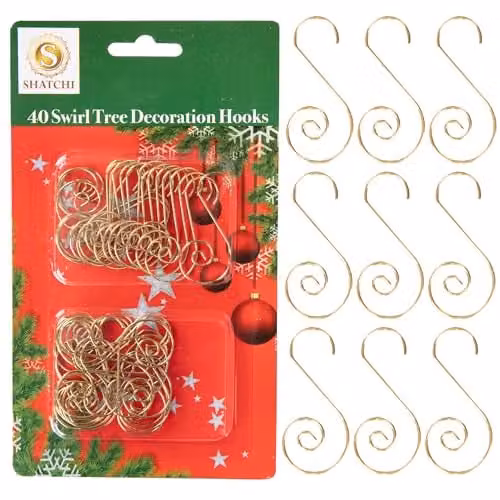 SHATCHI 40-Piece Gold Metal Swirl S Hooks for Christmas Tree Baubles and String Lights