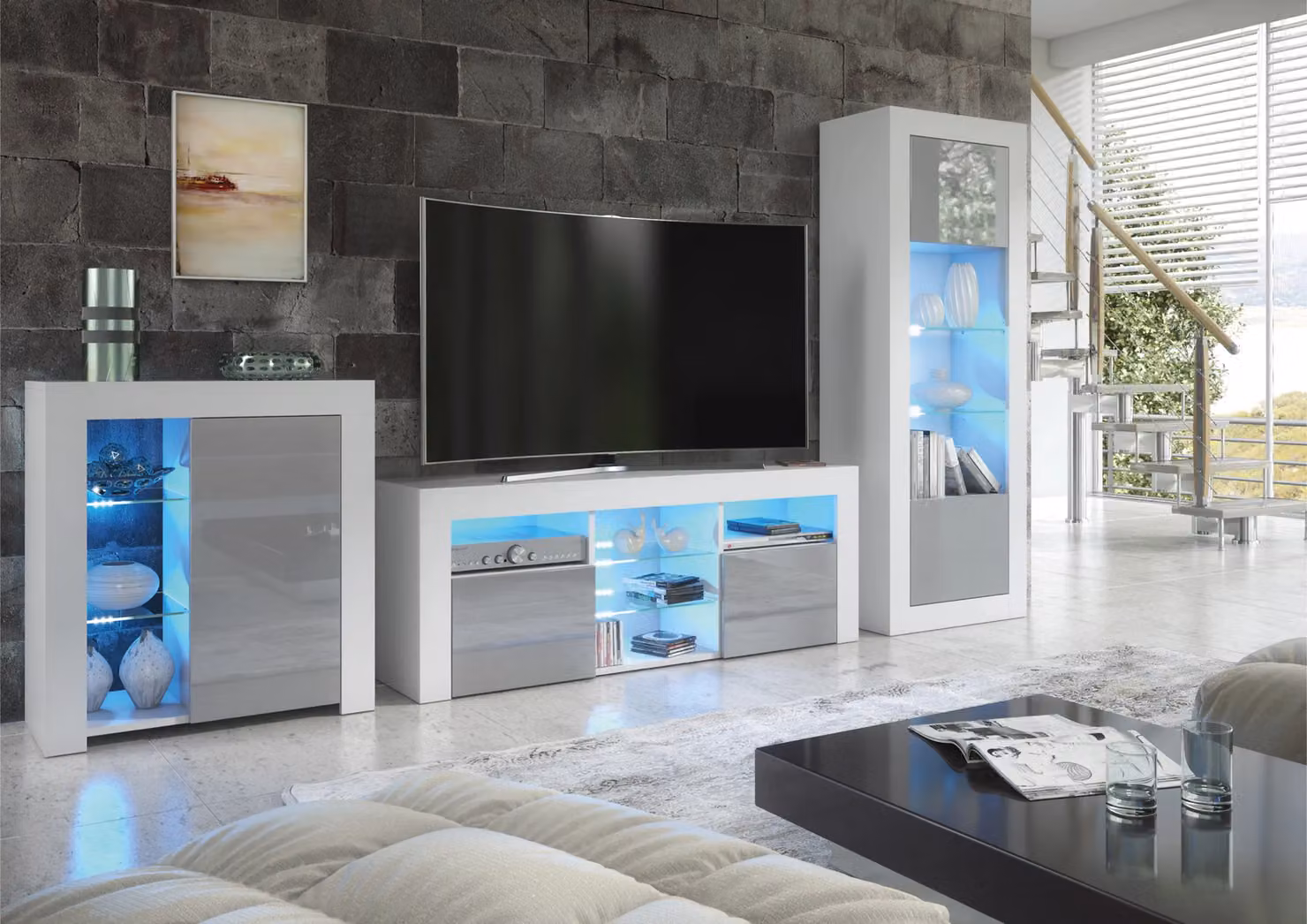 Mex Furniture LTD Modern Glossy Sideboard with Integrated LED Lighting in Light Grey, W: 83 cm, H: 75 cm, D: 35 cm – 4