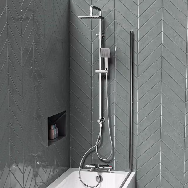 Nes Home Square Exposed Shower Set with Handset and Thermostatic Bath Filler, Chrome/Silver