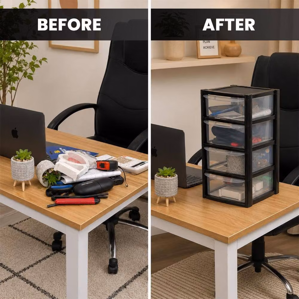 MANTRARAJ 4-Tier Mini Tower Storage Organiser with Plastic Drawers, Black and Transparent, W/D/H: 40.0 x 26.0 x 19.0 cm – 7