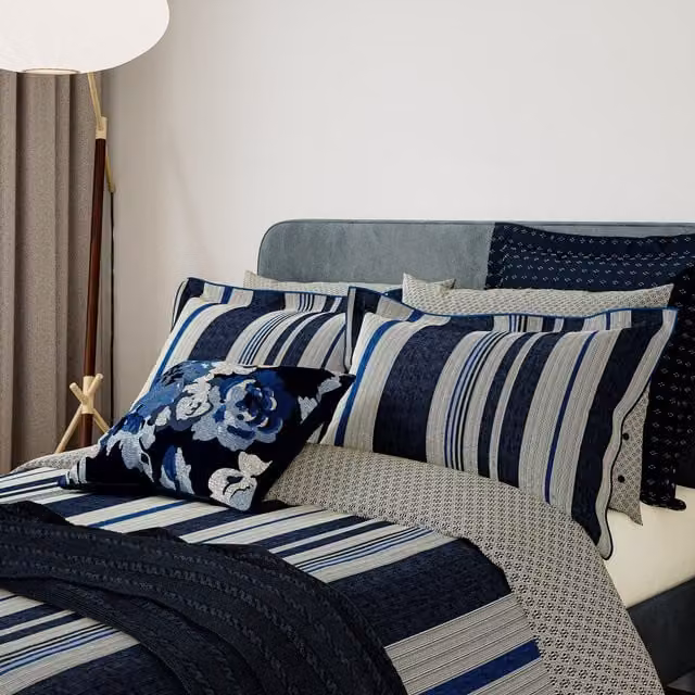 Bedeck of Belfast Imara Super Kingsize Cotton Mako Satin Duvet Cover and Pillowcase Set, Blue Striped, W: 200 x H: 200 cm – 1