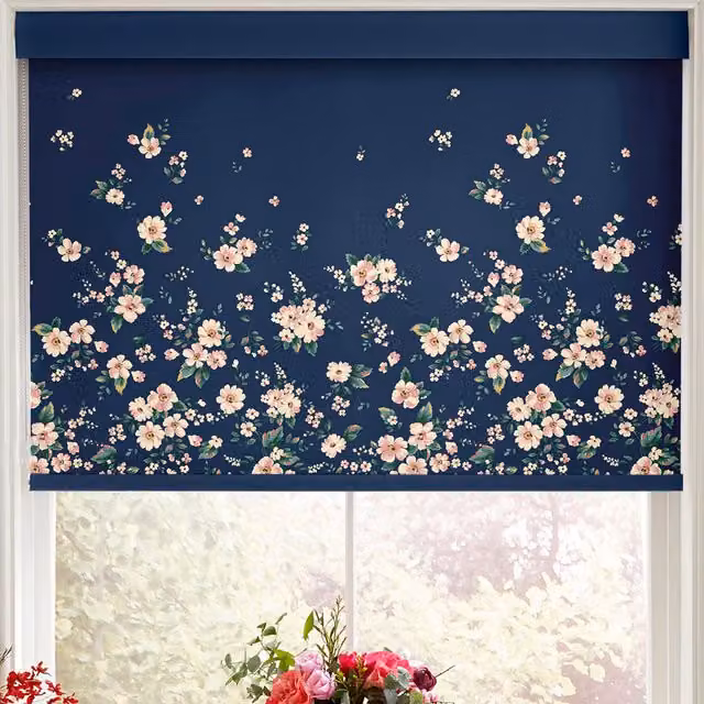 Cath Kidston Spitalfields Border Navy Blue Floral Blackout and Thermal Insulating Roller Blind
