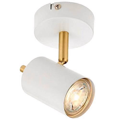 Loops Modern Adjustable Single Bulb LED Ceiling and Wall Spotlight in White and Brass with Warm White GU10 Bulb Included – 1
