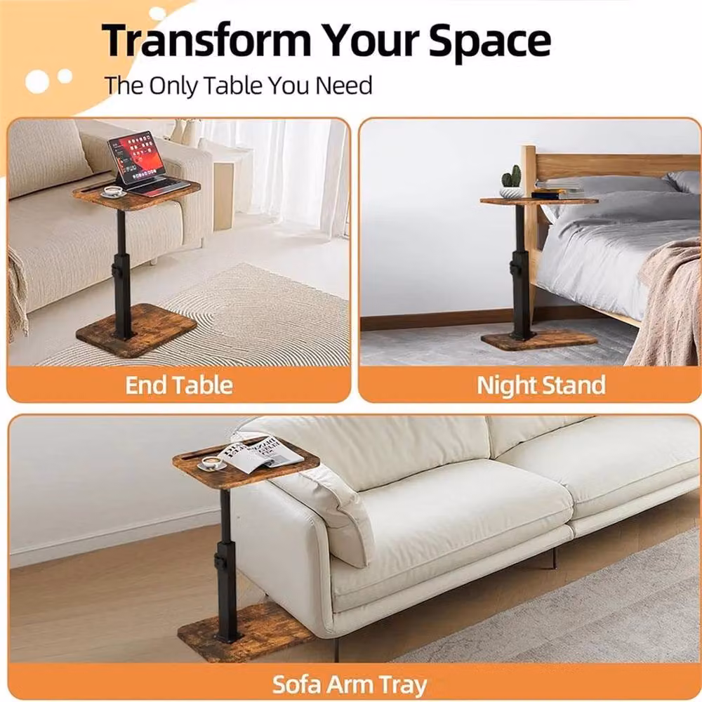 SPETLEK C-Shaped Swivel Sofa Side Table in Brown with Height Adjustable Rotating Top – 2