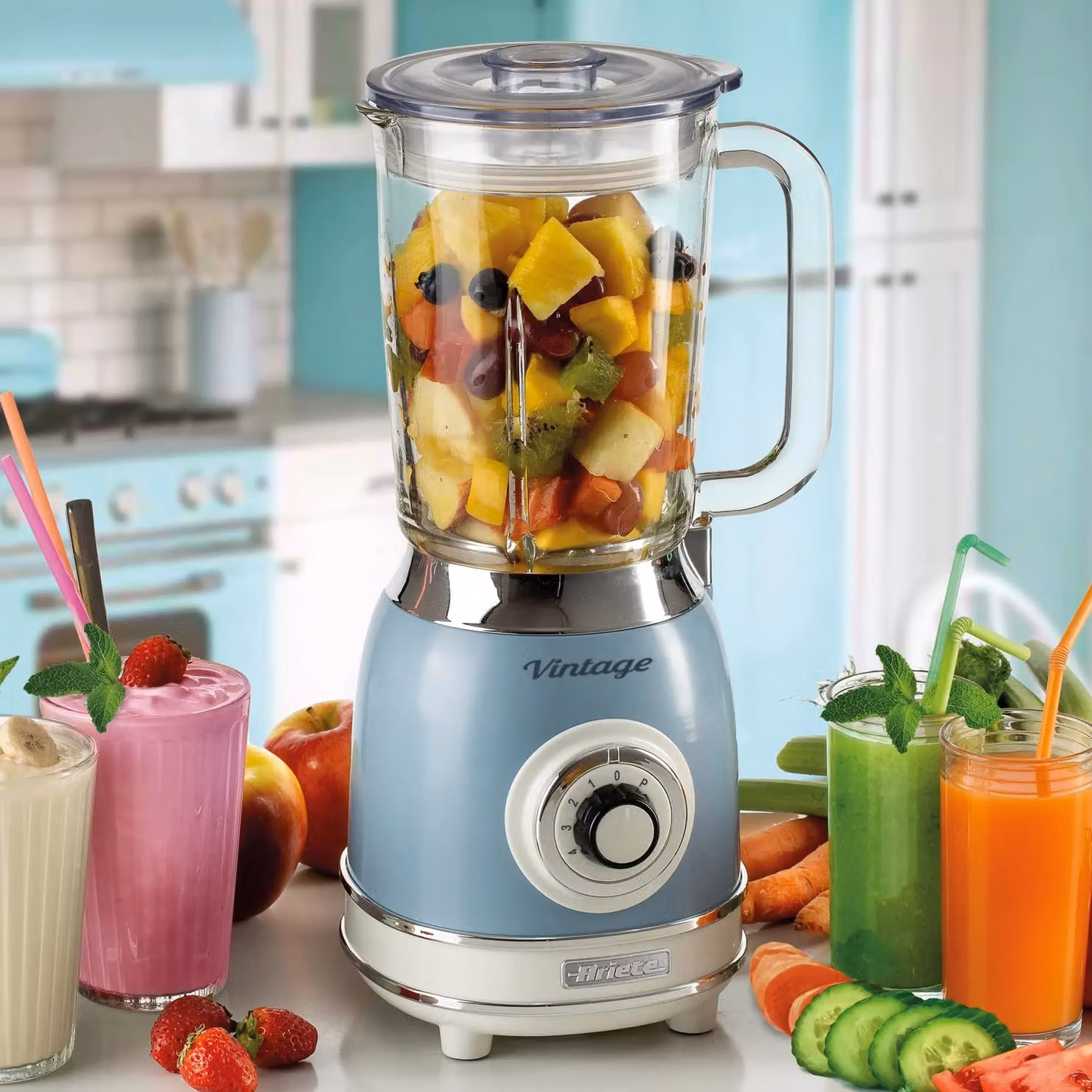 Ariete 1000W Vintage Glass Jug Blender in Blue with 1.5 Litre Capacity, 4 Speeds and Pulse Function – 3