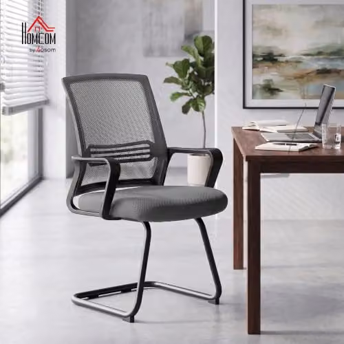 HOMCOM Grey Fabric Office Chair with Armrests and Cantilever Base – 2