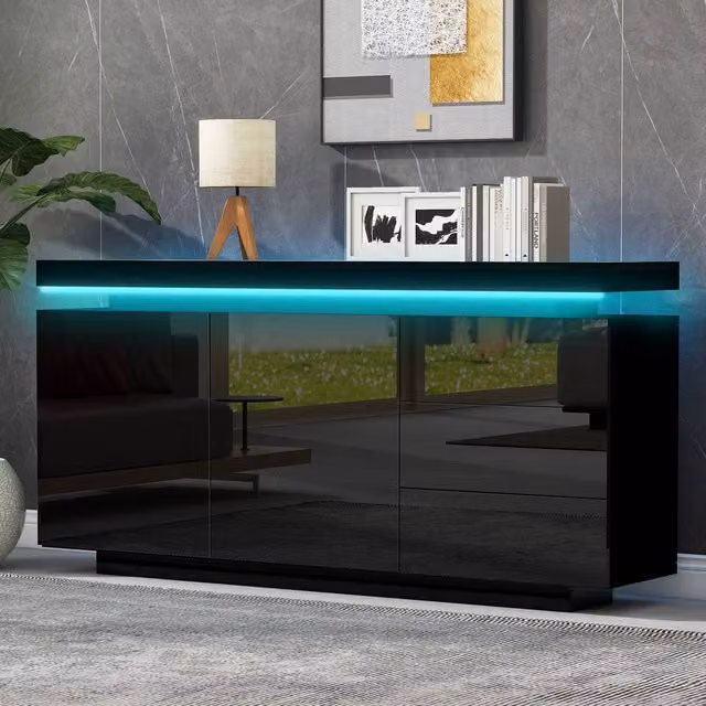 Rolipo Black High Gloss LED Sideboard with 2 Doors and 3 Drawers – 1