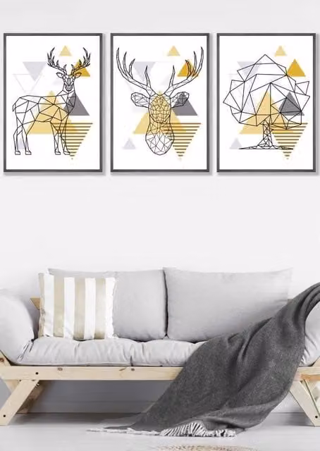 ARTZE Geometric Line Art Yellow Stags and Trees Framed Wall Art Set in Dark Grey, W: 53 cm, H: 73 cm, D: 2 cm