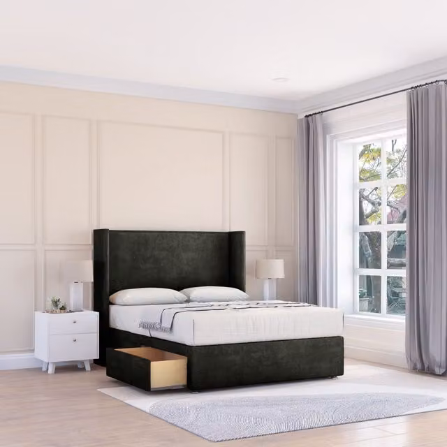 Sloomy Devonshire Dumfries Wingback Bed Set in Black Velvet with 2 Drawers and Floor Standing Headboard, W/D/H: 180 x 200 cm