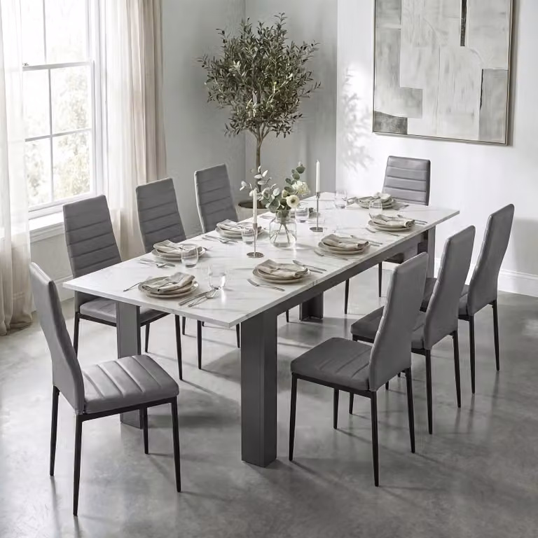 DHS Milo Extendable Dining Table Set with 8 Chairs in White Marble Effect and Grey