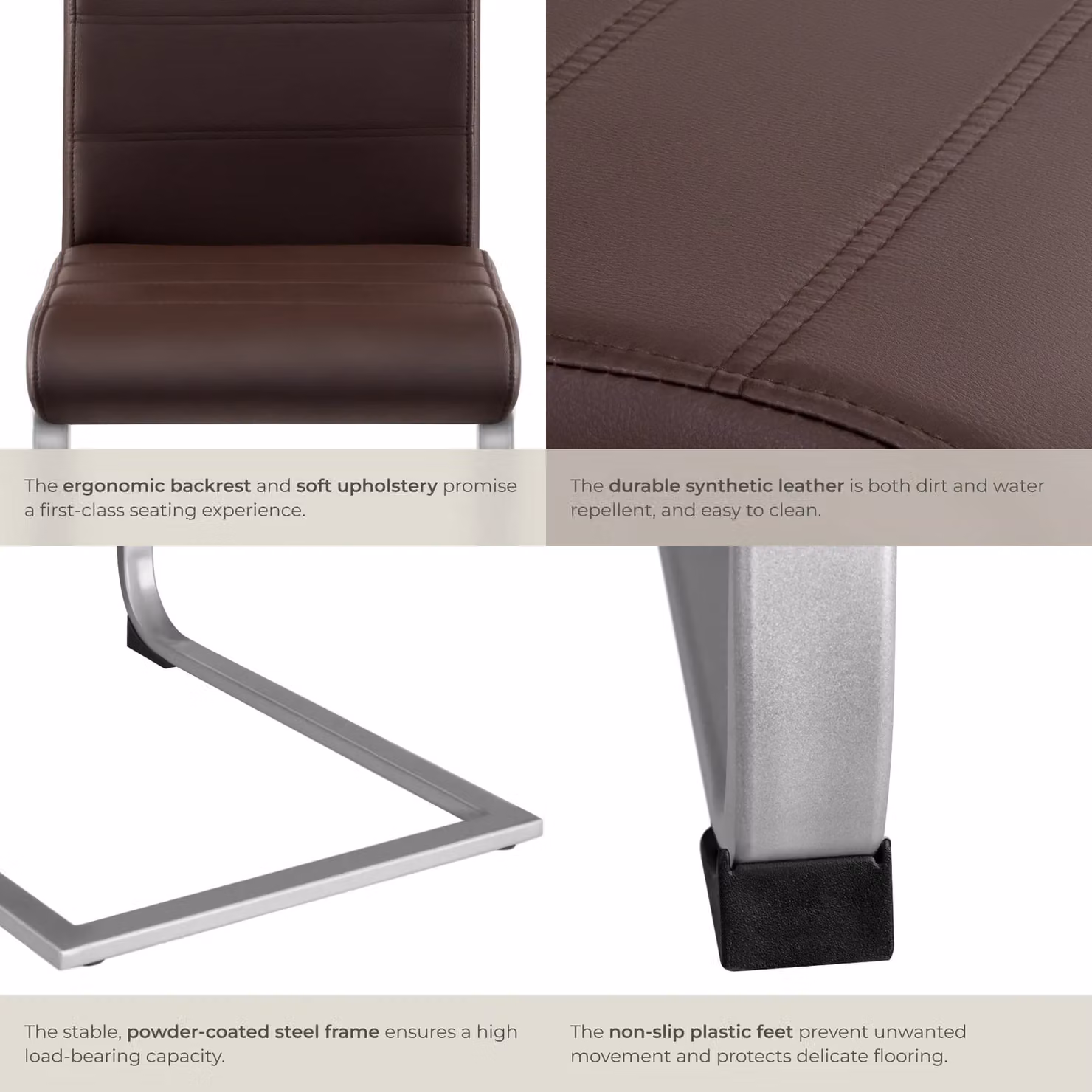 tectake Bettina Set of 4 Dining Chairs in Brown Synthetic Leather with Metal Cantilever Base – 5