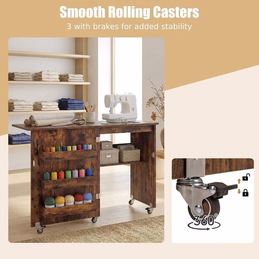 Kelvenix Brown Folding Sewing Table and Rolling Craft Station with Castors – 3