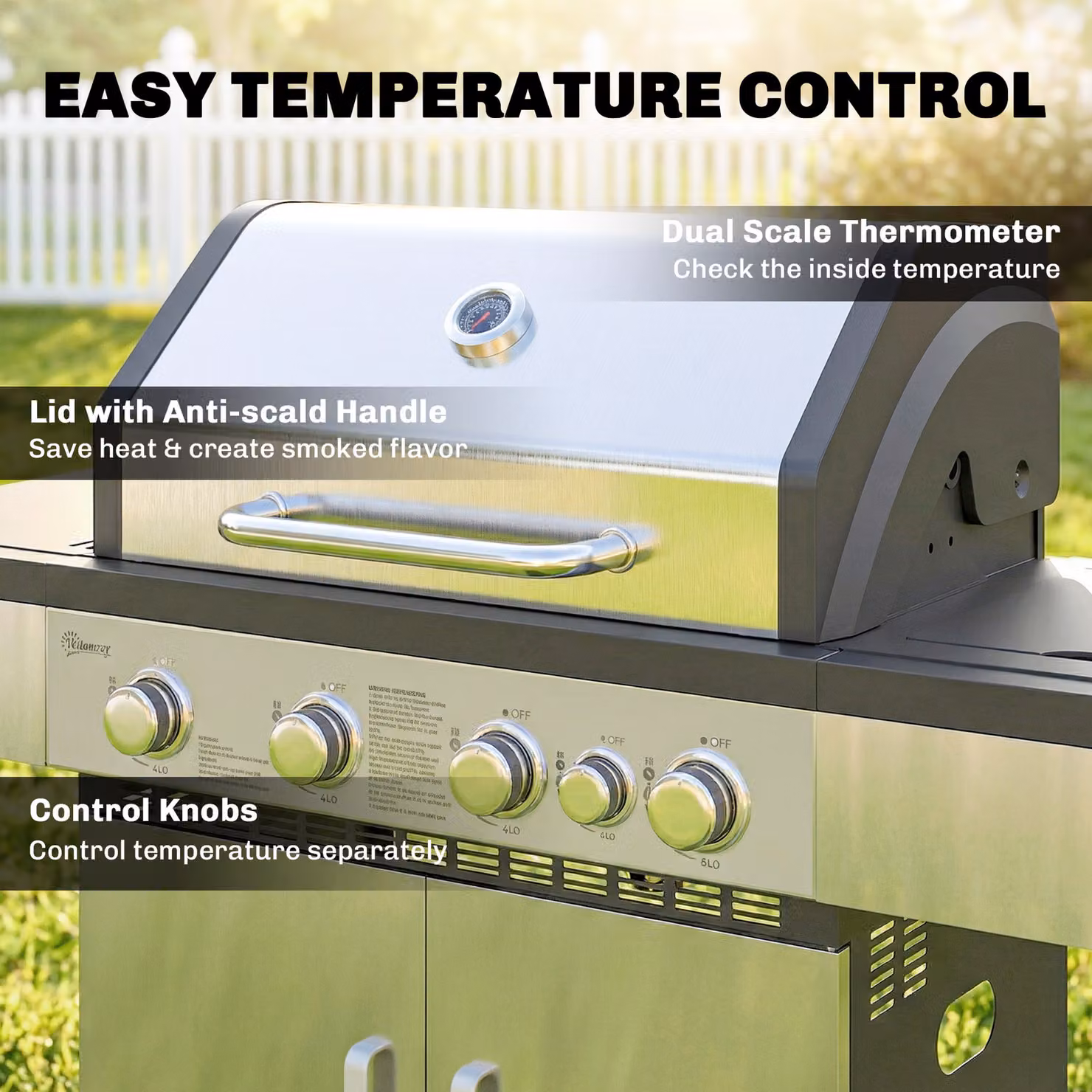 Outsunny 4+1 Burner Gas BBQ Grill with Side Burner, Warming Rack, Side Shelf, Storage Cabinet and Wheels – 5