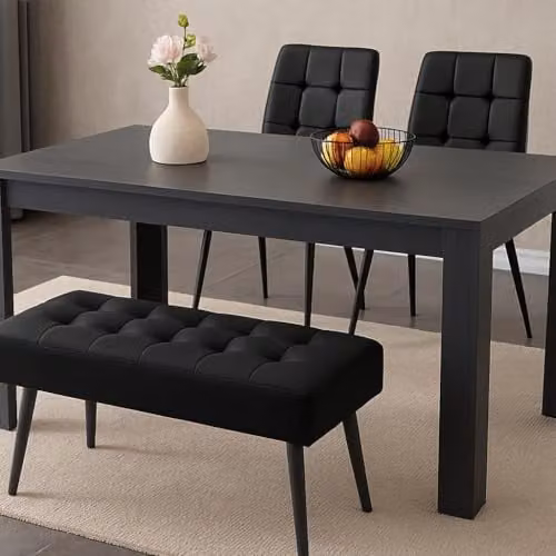 KOSY KOALA Modern Dining Set with Rectangular Dark Grey Table, 2 Black Velvet Chairs and 1 Velvet Bench, W/D/H: 140 x 80 x 75 cm – 1