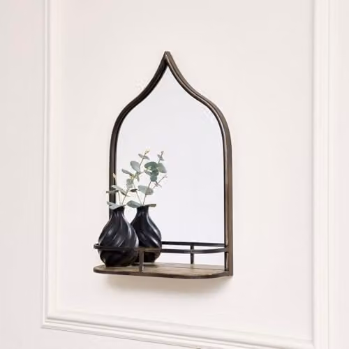 Melody Maison Rustic Metal Arched Wall Mirror with Gold Shelf, W: 48 cm, H: 30 cm